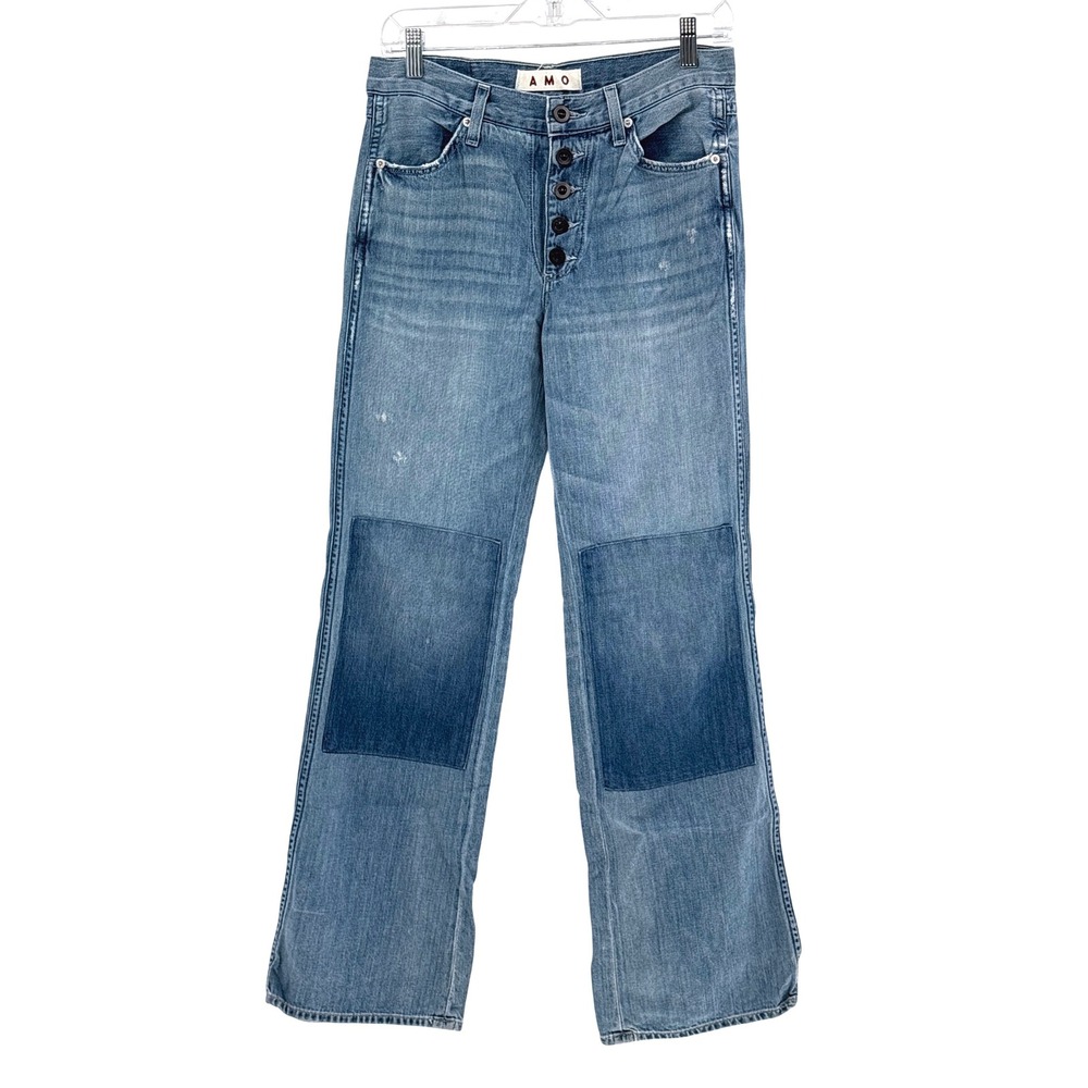 Amo Jeans Stevie Flare Women 26 Blue Silver Springs Patch Button Fly Mid Rise‎